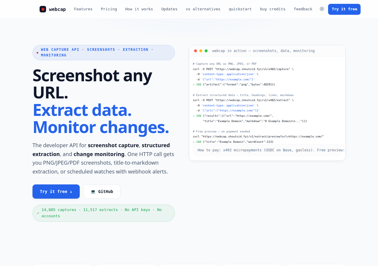 The webcap landing page: a headline reading 'Screenshot any URL', a curl example, a feature grid, and per-call pricing.